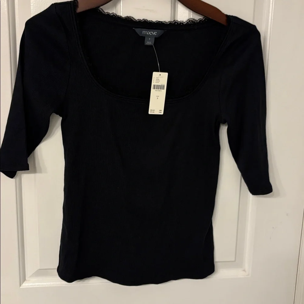 New Maeve Blk Ribbed Top with Lace Detail by anthropology Size S & M - Picture 3 of 11